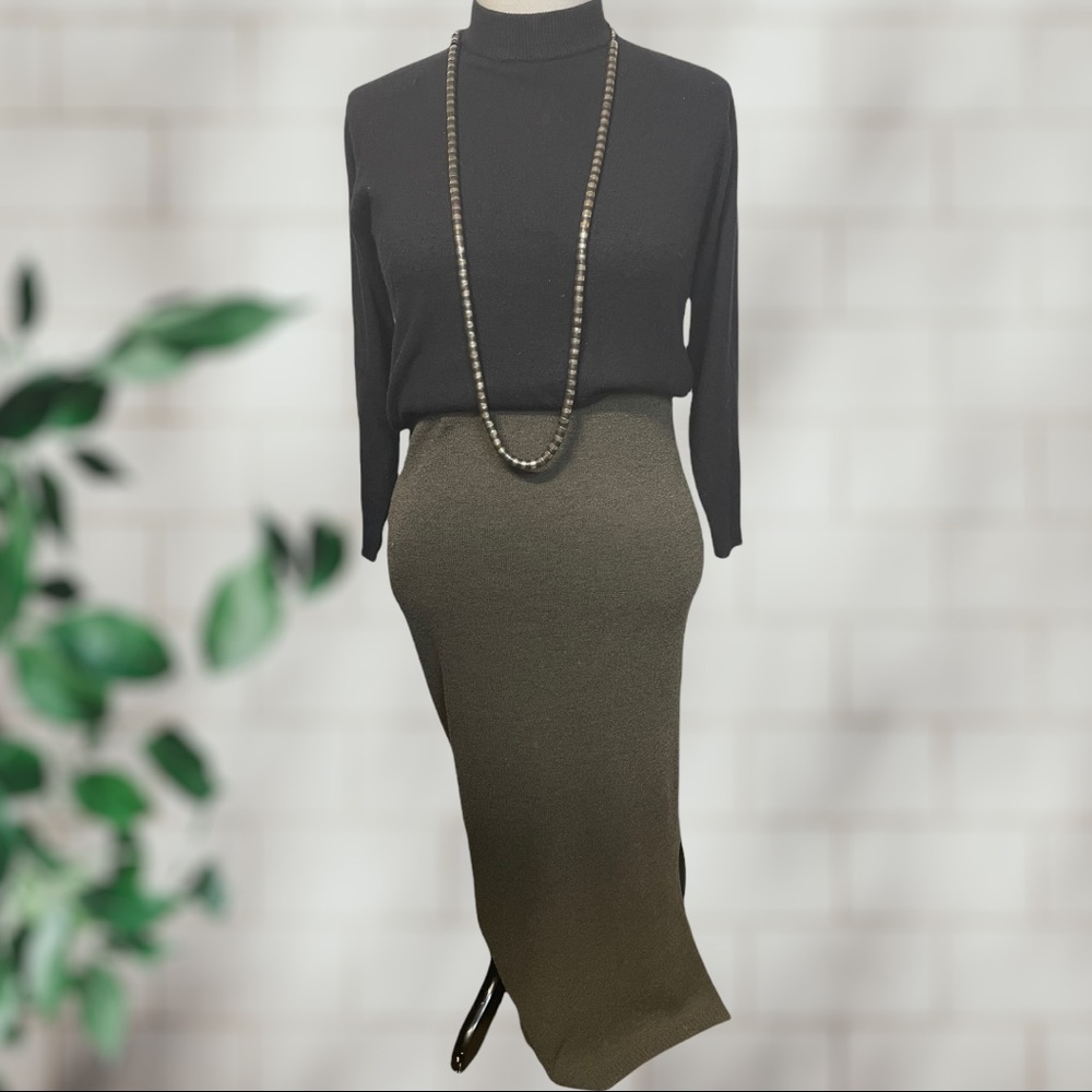 Vintage Finity Naturals Olive Green Wool Blend Fitted Midi Sweater Skirt Size XL